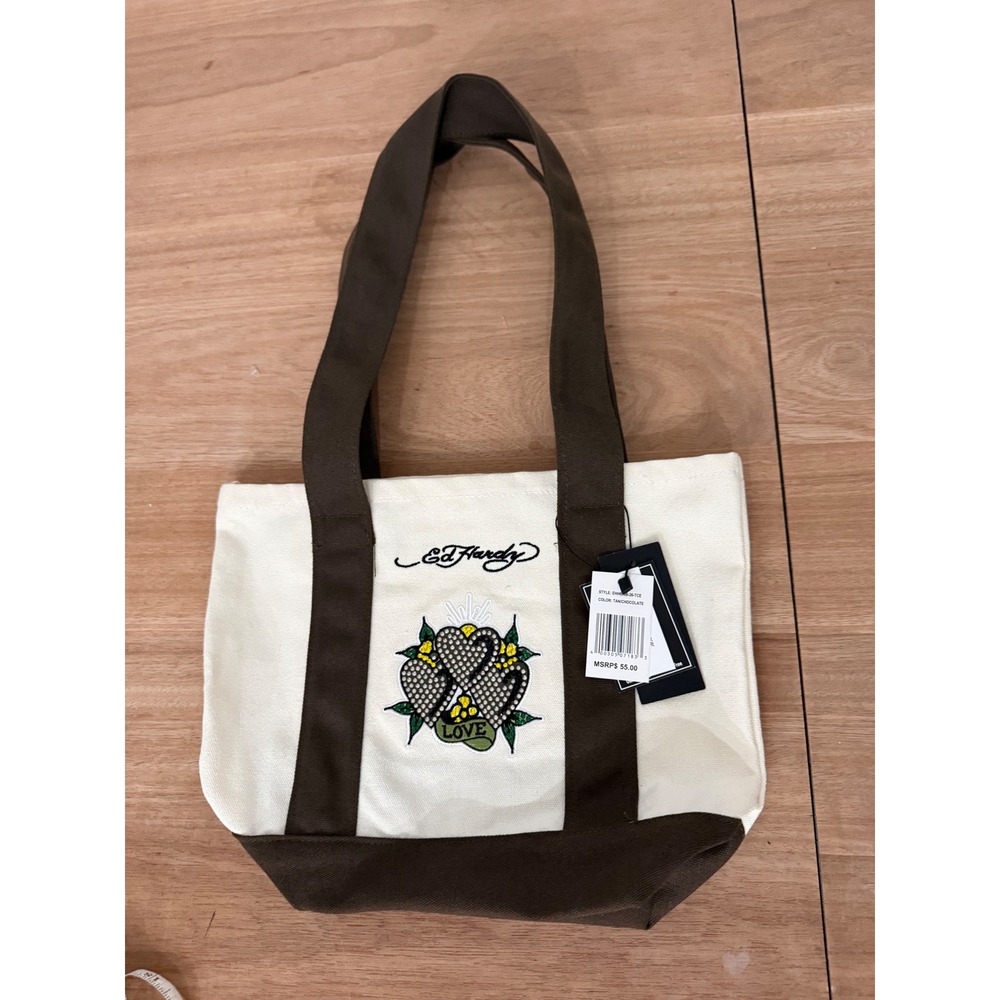 Ed Hardy Tan Chocolate Canvas Tote Bag Rhinestone Love Hearts NWT